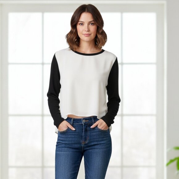 Aritzia Wilfred Blouse Top Long Sleeve Slit open back Silk Cropped Black XS - Picture 1 of 15